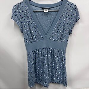 Blue Polka Dot Women's babydoll Top junior size L Y2K v-neck